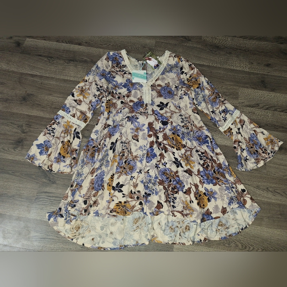 Umgee Womens Size Small Boho Babydoll Mini Dress Flare Sleeve New (B28PM)